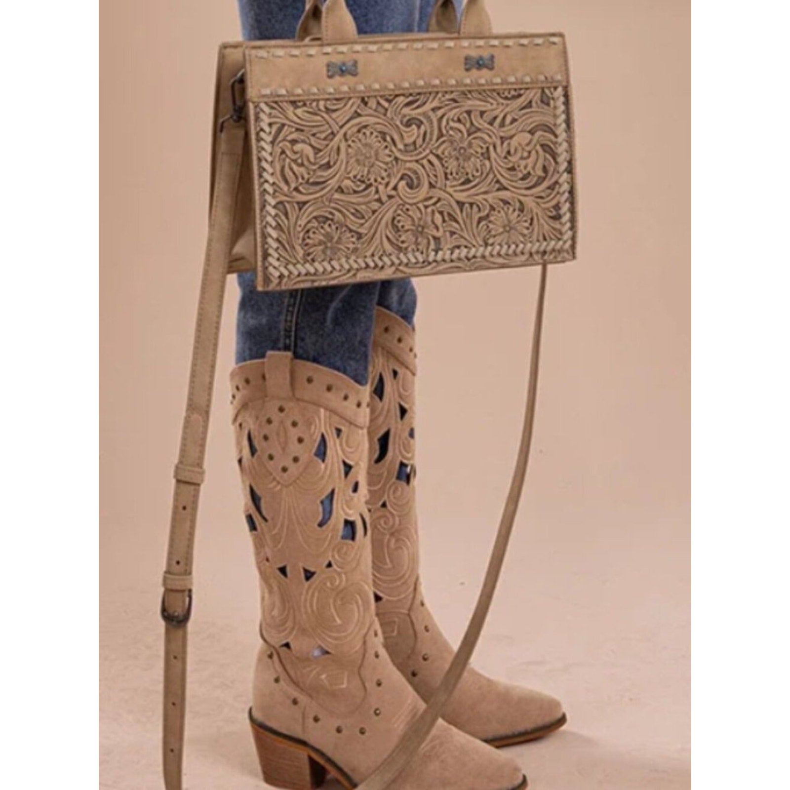 Montana West Floral Tooled Crossbody Tote Bag, Tan NWT