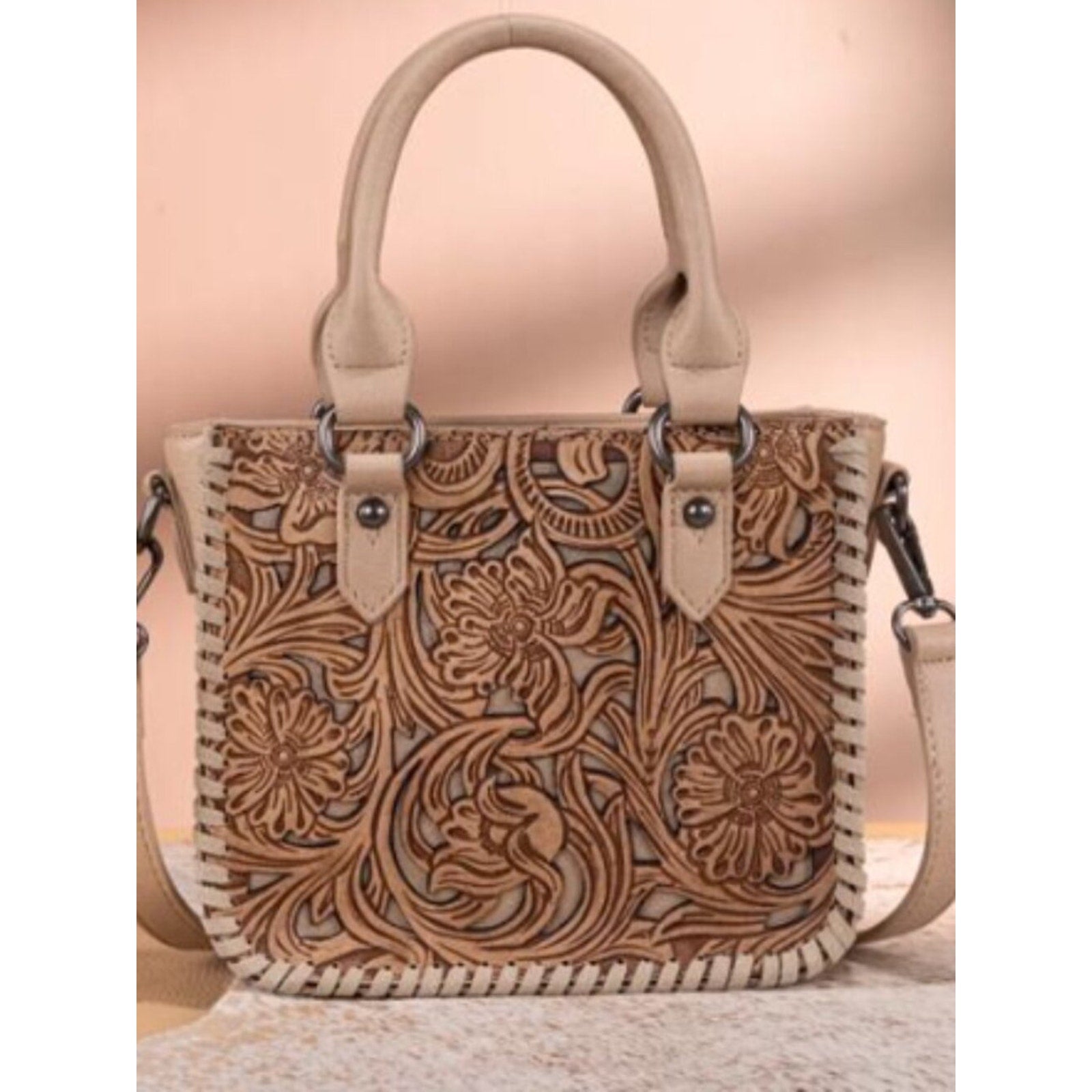 Trinity Ranch Floreal Tooled Mini Tote Crossbody Tan NWT