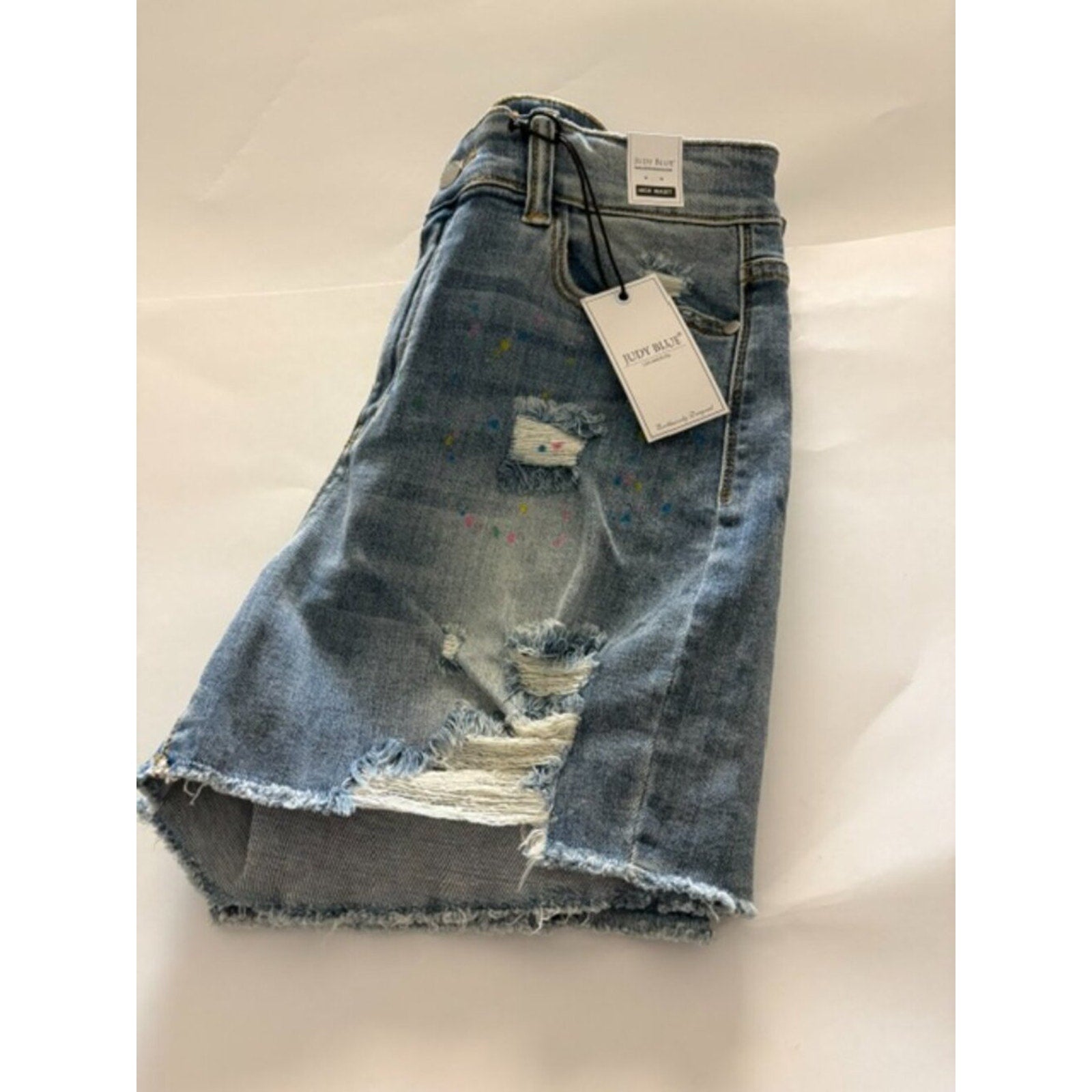 Judy Blue XL High Rise Distressed Paint Splatter Shorts Raw Hem NWT