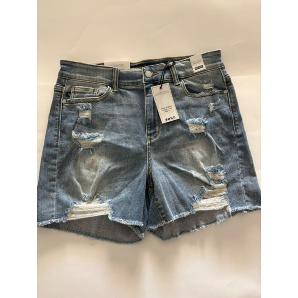 Judy Blue XL High Rise Distressed Paint Splatter Shorts Raw Hem NWT