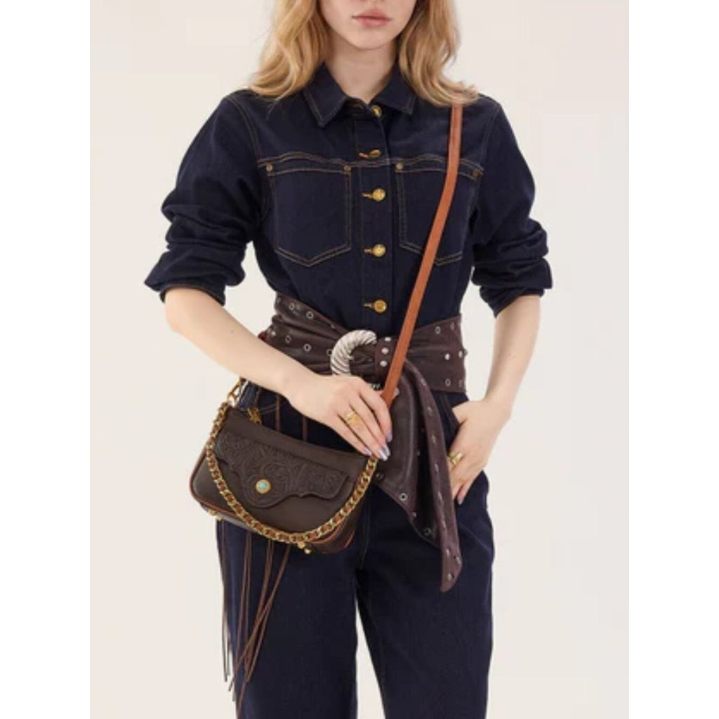 Montana West Tooled Floral Chain Strap Crossbody Shoulder Bag Coffee NWT