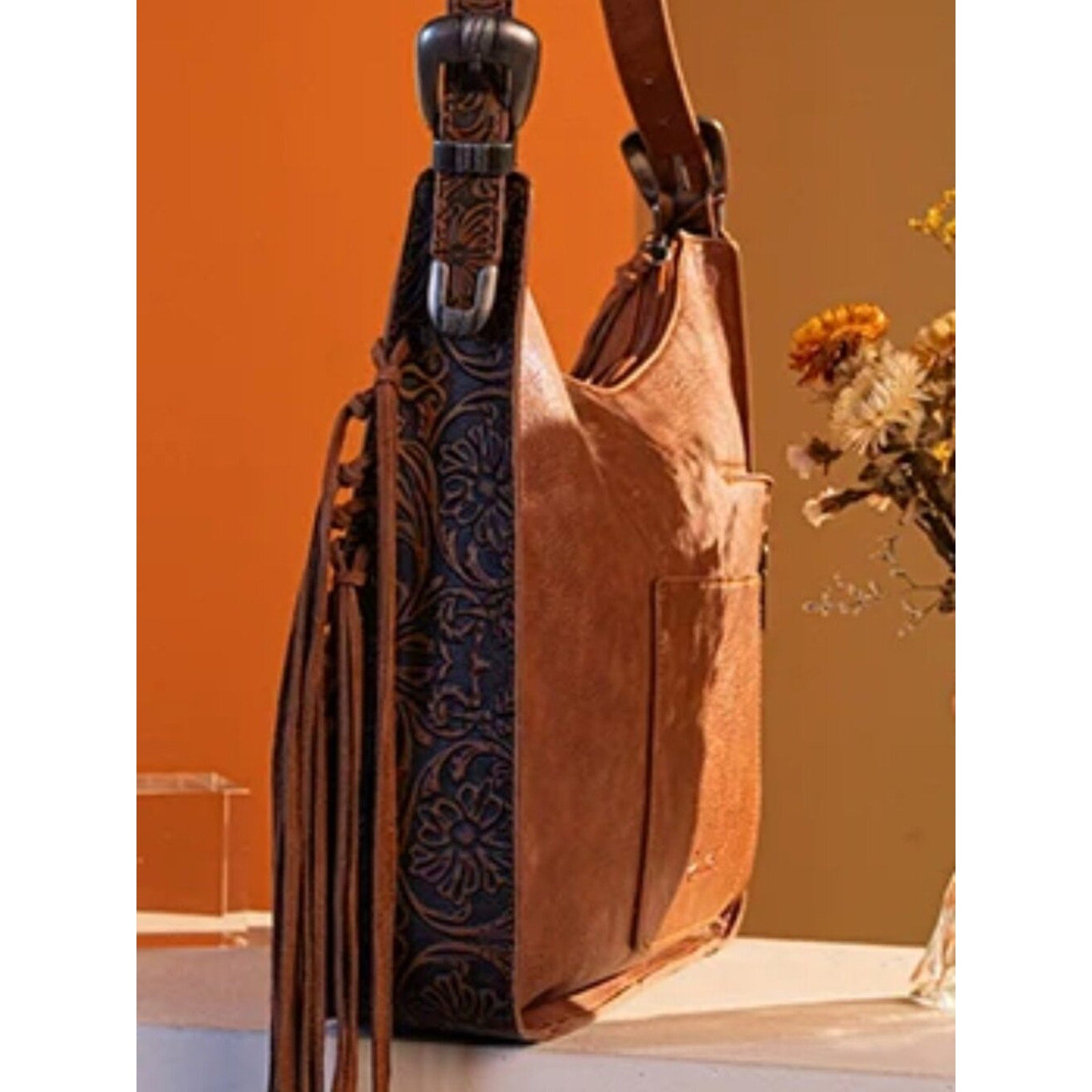 Montana West Floral Tooled Fringe Hobo Concealed Carry Bag, Brown NWT