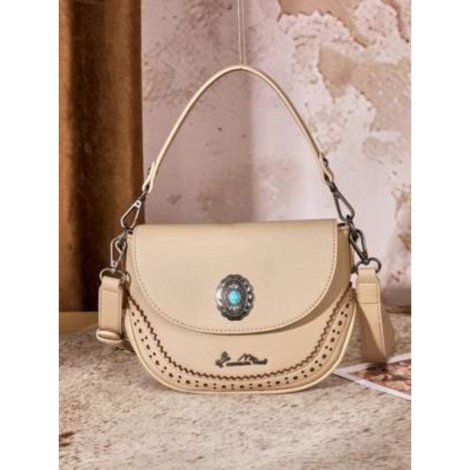 Montana West Western Turquoise Concho Saddle Crossbody Purse Tan NWT
