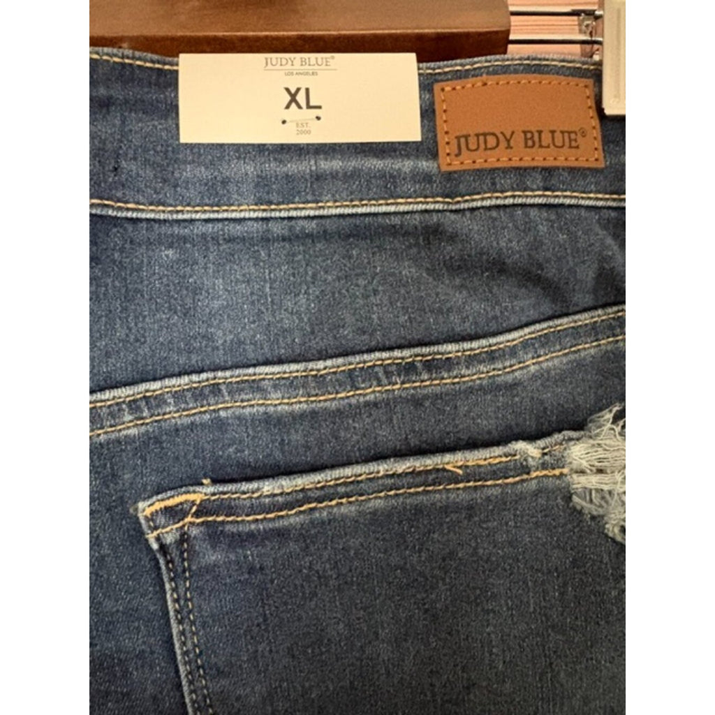 Judy Blue XL High Rise Distressed Raw Hem Shorts Dark Wash Stretch Denim NWT