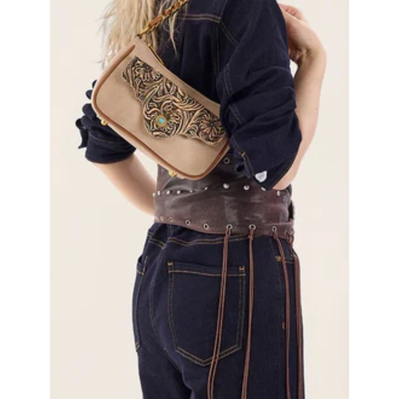 Montana West Tooled Floral Chain Strap Crossbody Shoulder Tan NWT