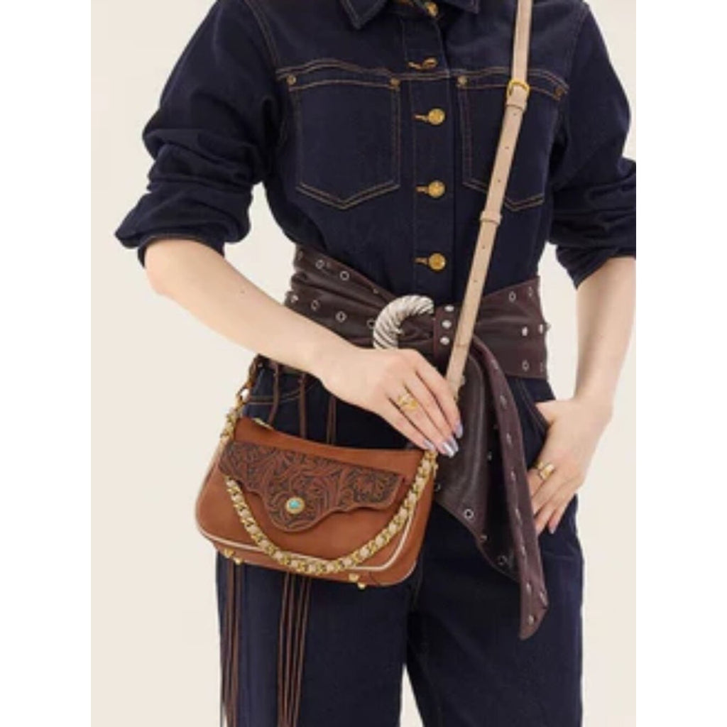 Montana West Tooled Floral Chain Strap Crossbody Shoulder Bag Brown NWT