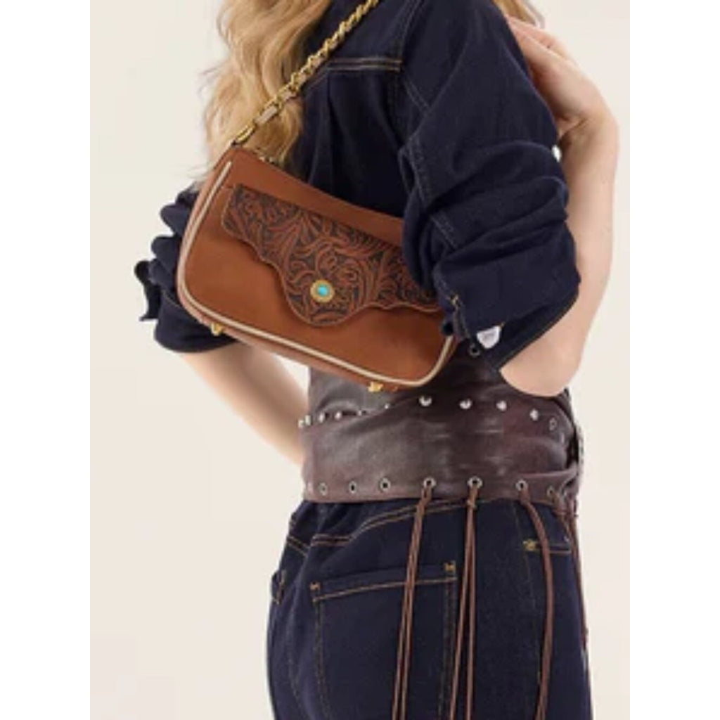 Montana West Tooled Floral Chain Strap Crossbody Shoulder Bag Brown NWT