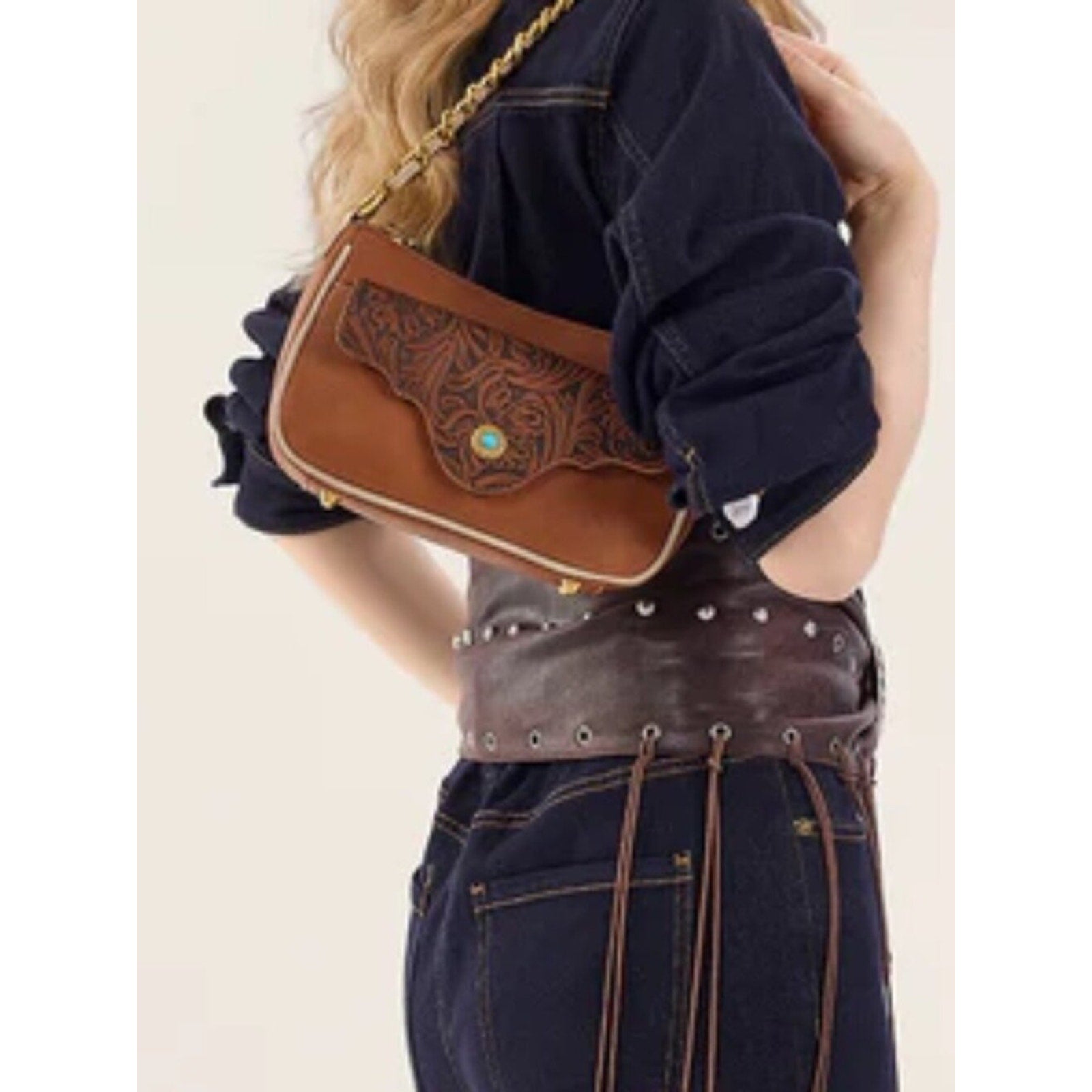 Montana West Tooled Floral Chain Strap Crossbody Shoulder Bag Brown NWT
