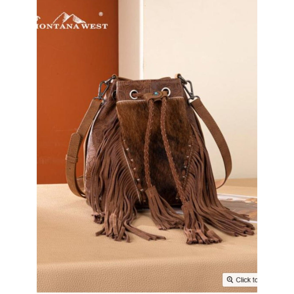 Montana West Cowhide Fringe Drawstring Bucket Bag-Brown NWT