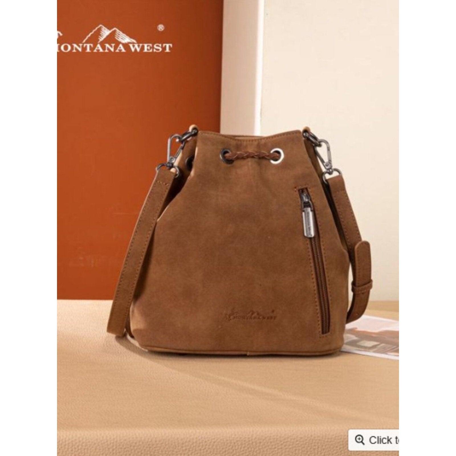 Montana West Cowhide Fringe Drawstring Bucket Bag-Brown NWT