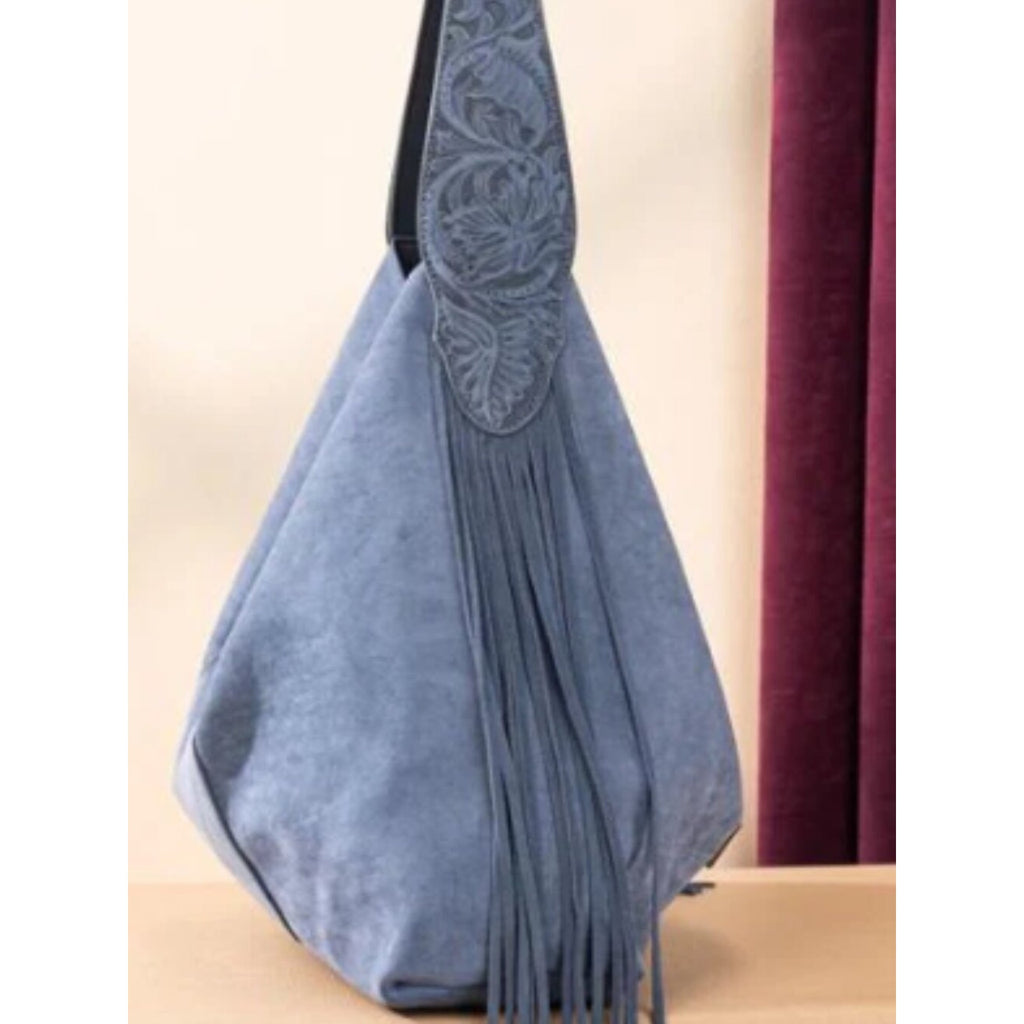 Wrangler Floral Tooled Fringe Hobo Bag, Jean Blue NWT