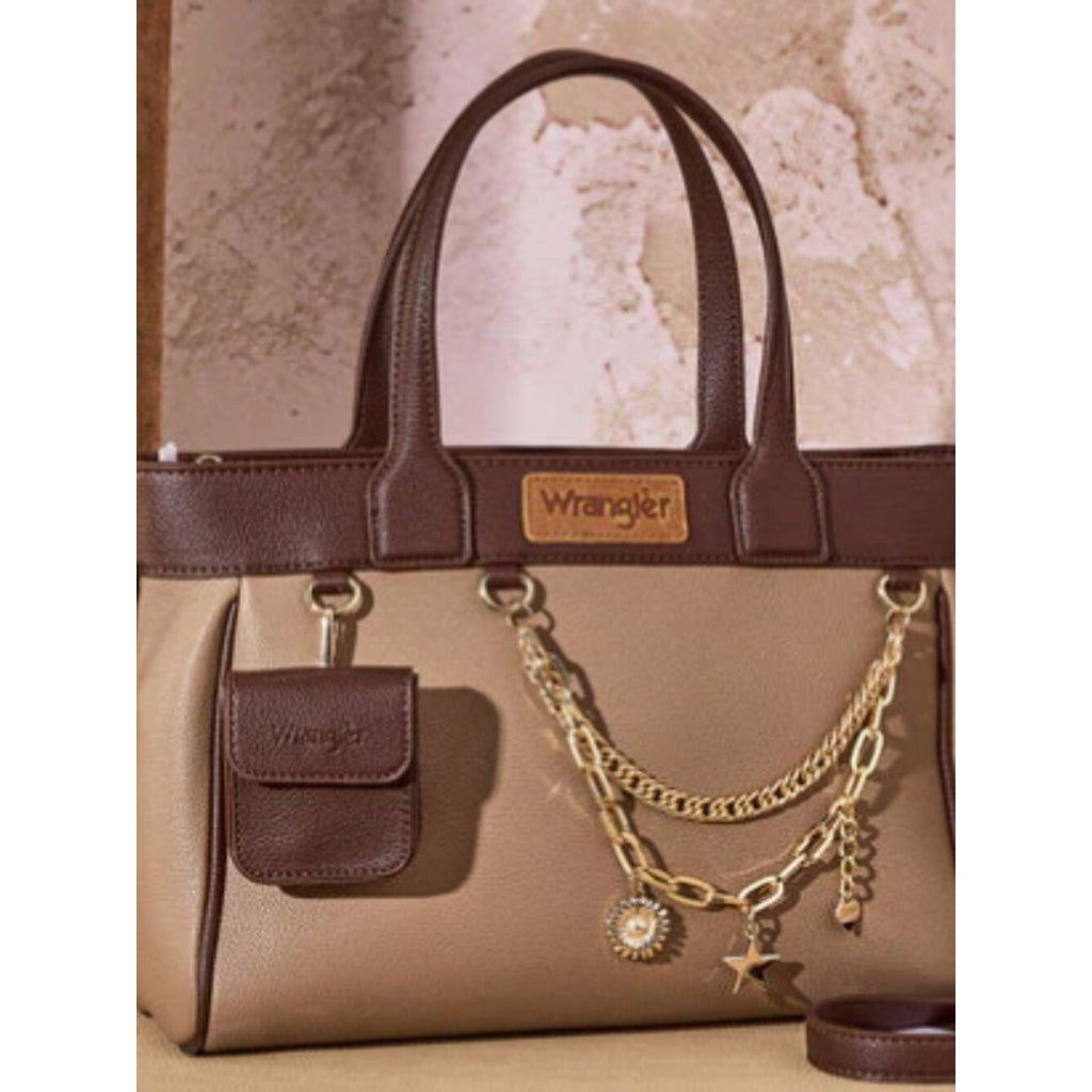 Wrangler Color Block Tote Bag Chain Charm Mini Pouch Coffee, NWT