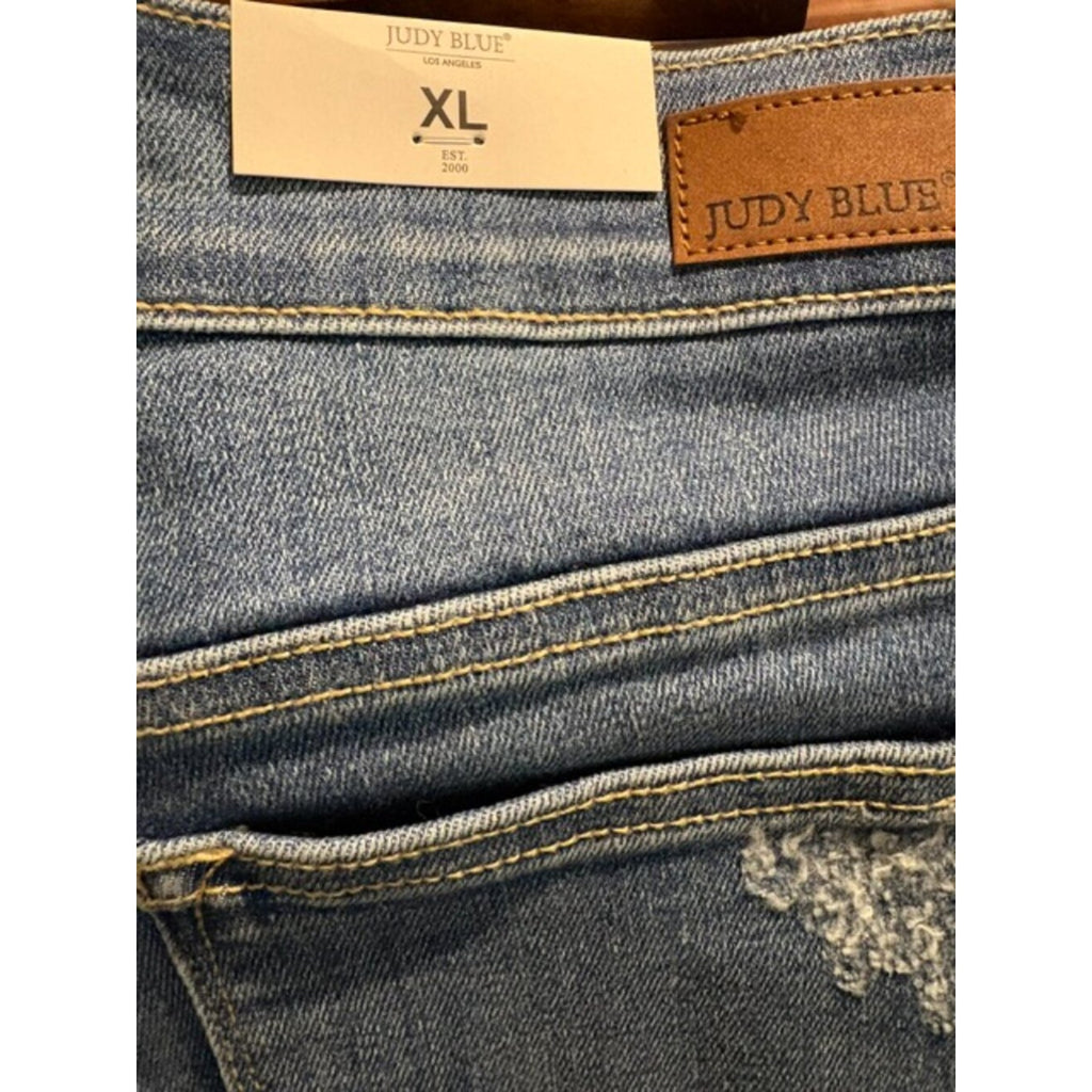 Judy Blue XL High Rise Distressed Cutoff Shorts Tulip Hem Dark Wash NWT