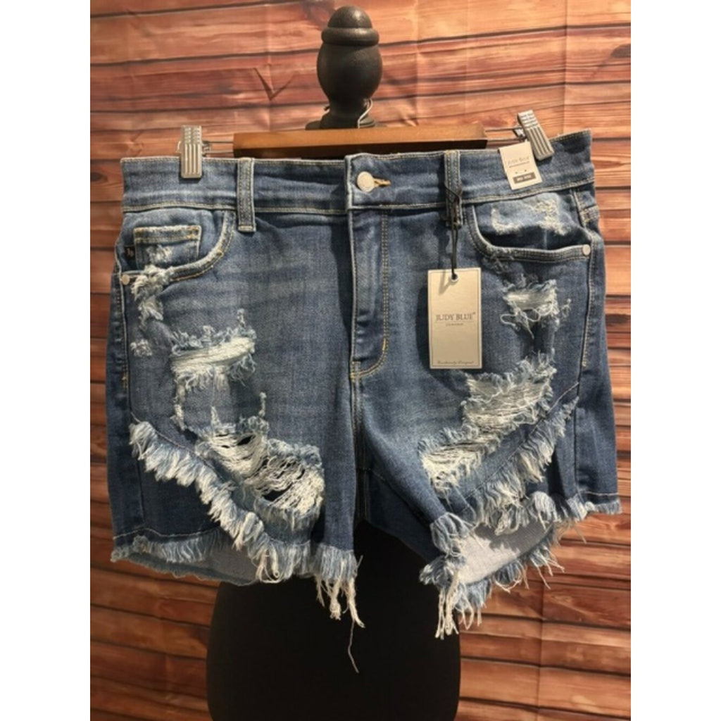 Judy Blue XL High Rise Distressed Cutoff Shorts Tulip Hem Dark Wash NWT