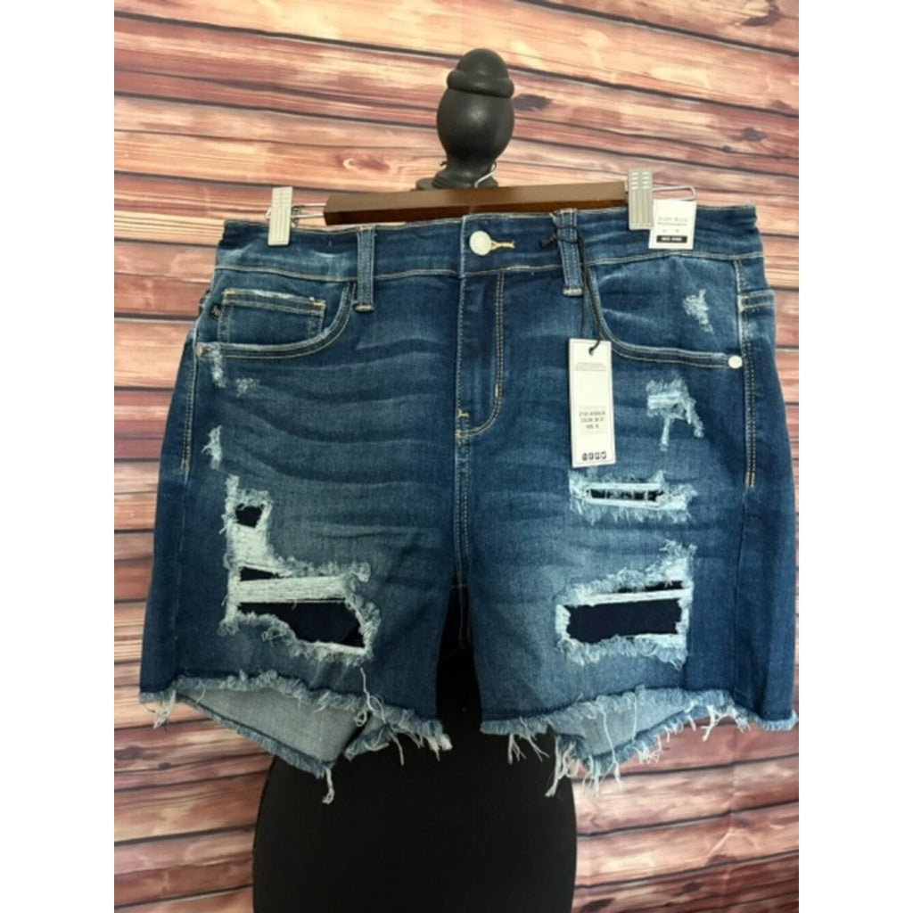 Judy Blue XL High Rise Distressed Raw Hem Shorts Dark Wash Stretch Denim NWT