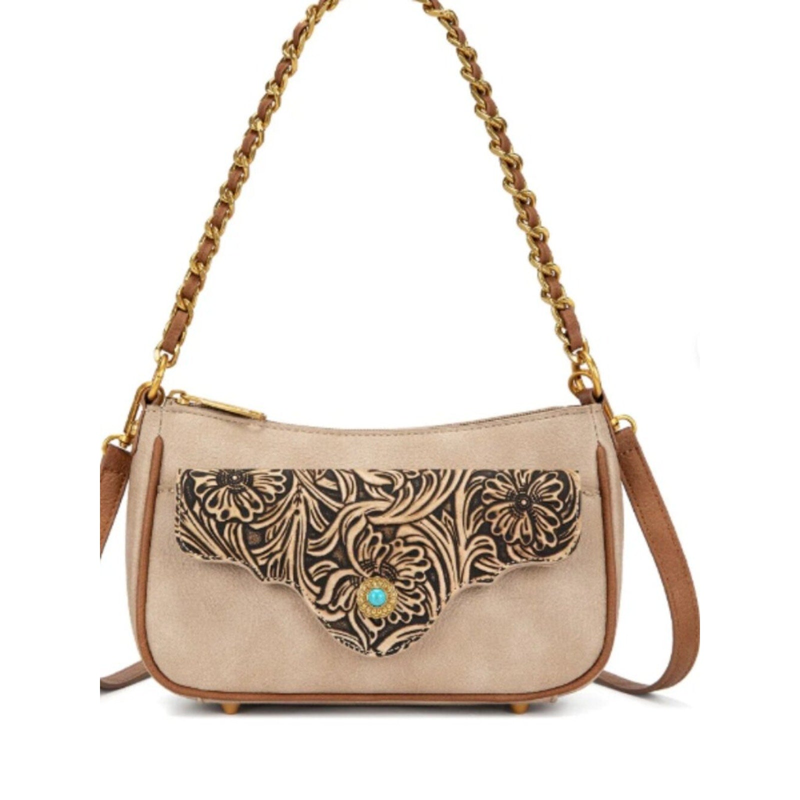 Montana West Tooled Floral Chain Strap Crossbody Shoulder Tan NWT