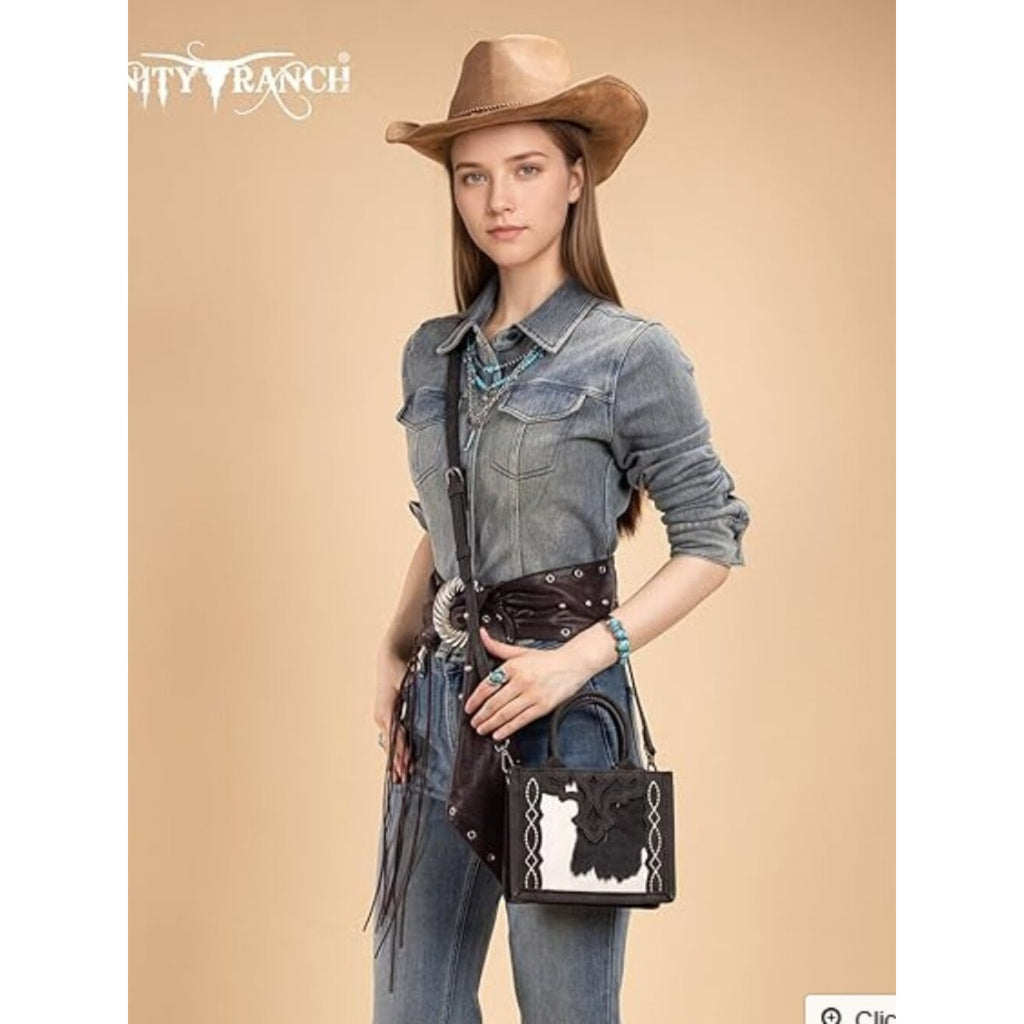 Trinity Ranch Cowhide Western Mini Tote Crossbody Bag, Black NWT