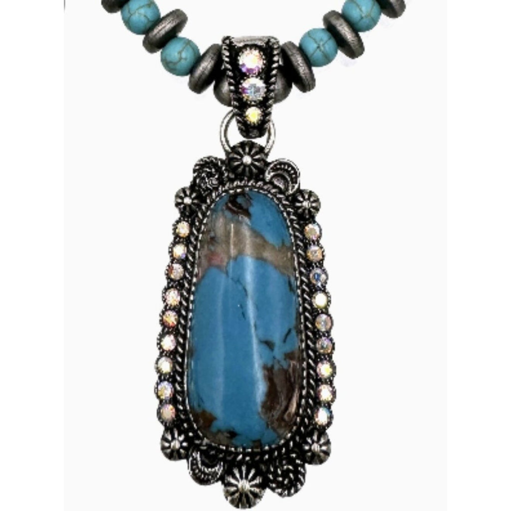Western Navajo Pearl Style Beaded Necklace Turquoise Rhinestone Pendant NWT