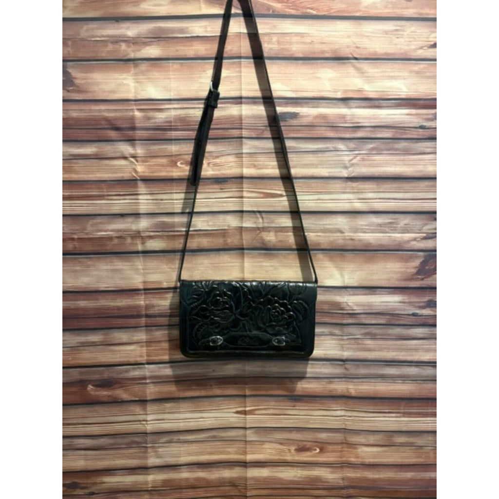 Patricia Nash Kent Burnished Rose Tooled Leather Crossbody Black NWOT