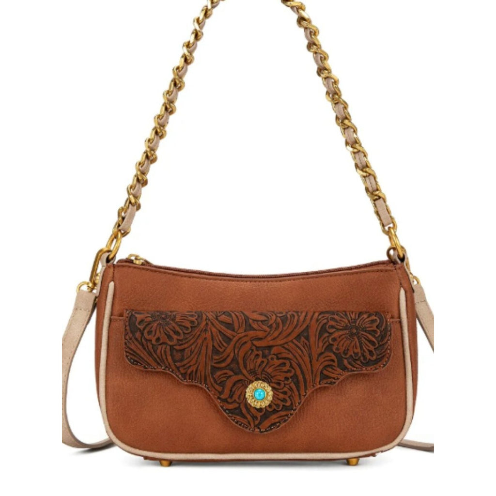 Montana West Tooled Floral Chain Strap Crossbody Shoulder Bag Brown NWT