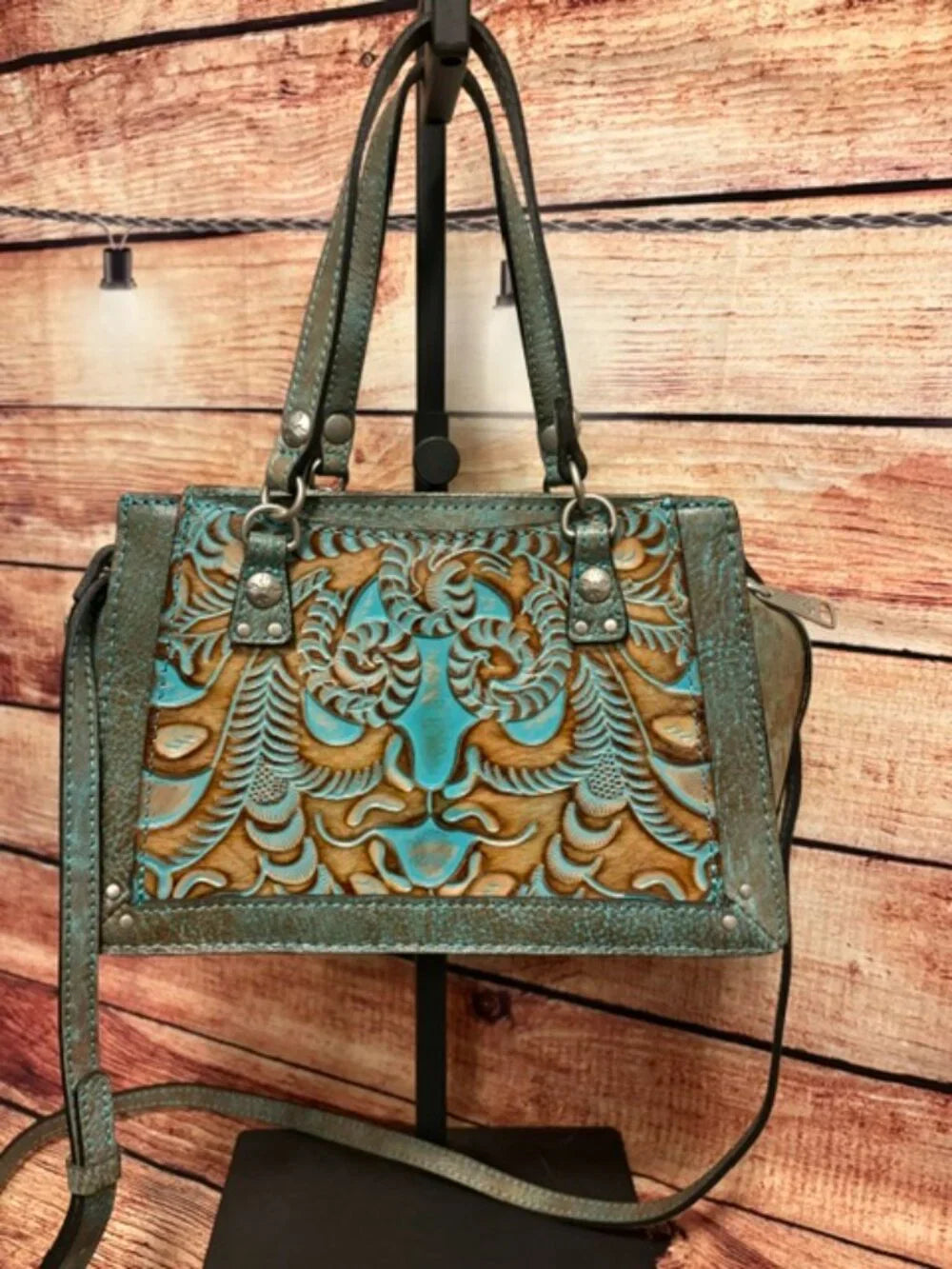 Patricia Nash Corana Leather Satchel with Crossbody Strap Turquoise Tooled