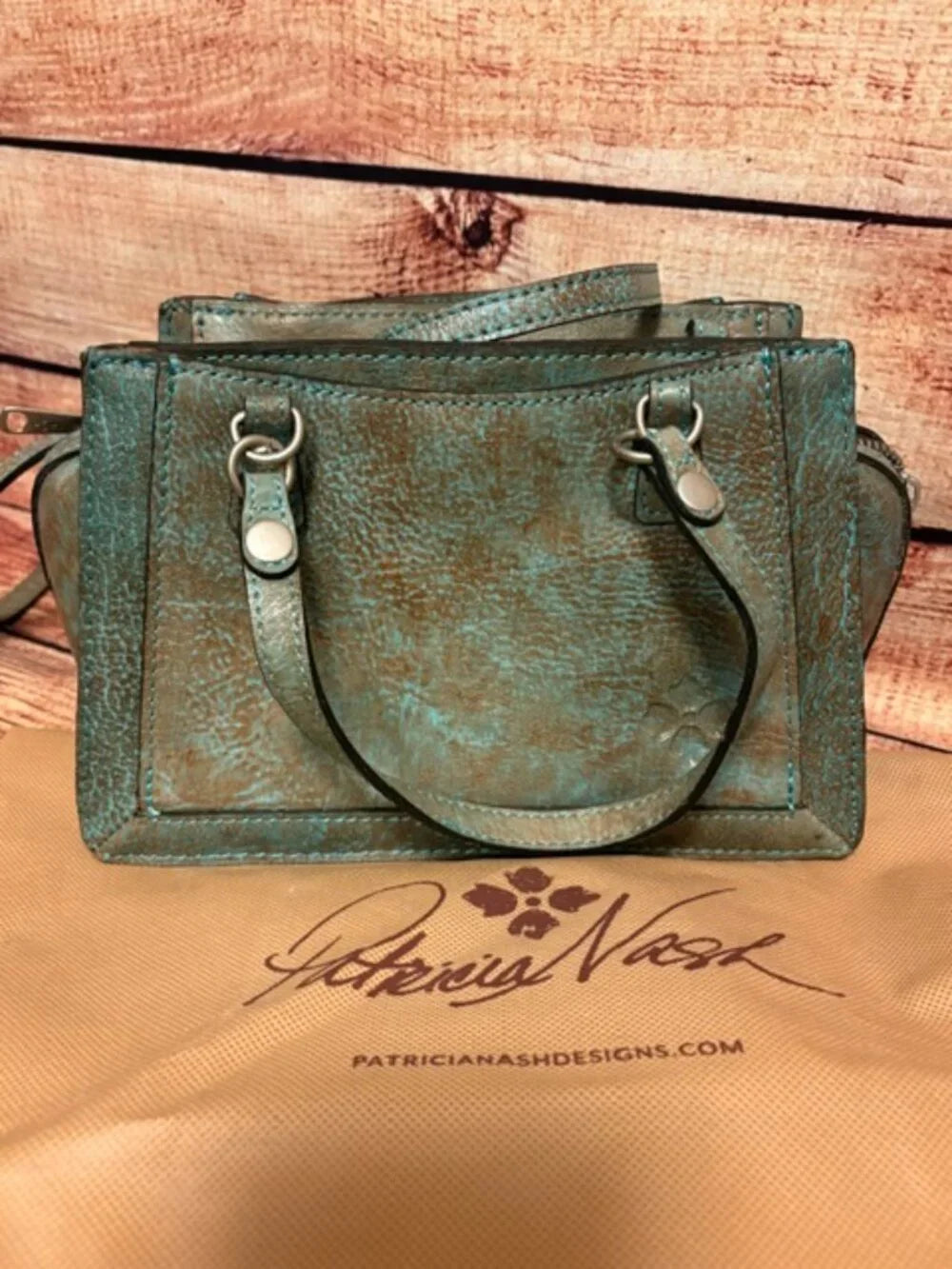 Patricia Nash Corana Leather Satchel with Crossbody Strap Turquoise Tooled