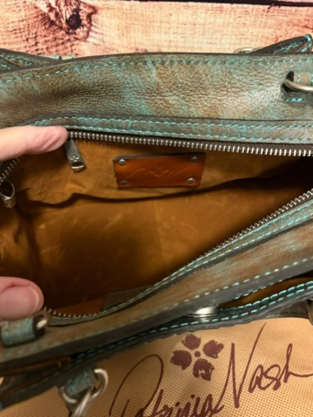 Patricia Nash Corana Leather Satchel with Crossbody Strap Turquoise Tooled