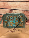 Patricia Nash Corana Leather Satchel with Crossbody Strap Turquoise Tooled