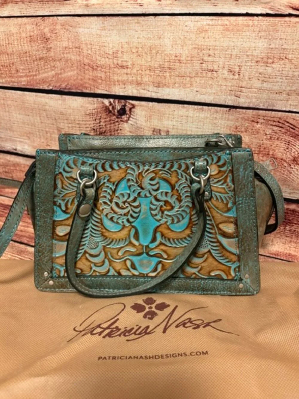 Patricia Nash Corana Leather Satchel with Crossbody Strap Turquoise Tooled