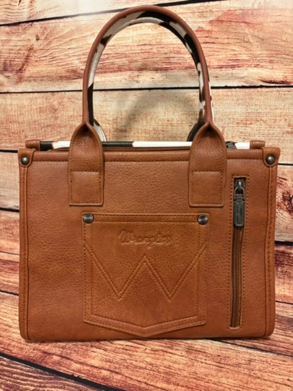 Wrangler Cowhide Print Western Satchel Tote Bag W/Strap - Brown