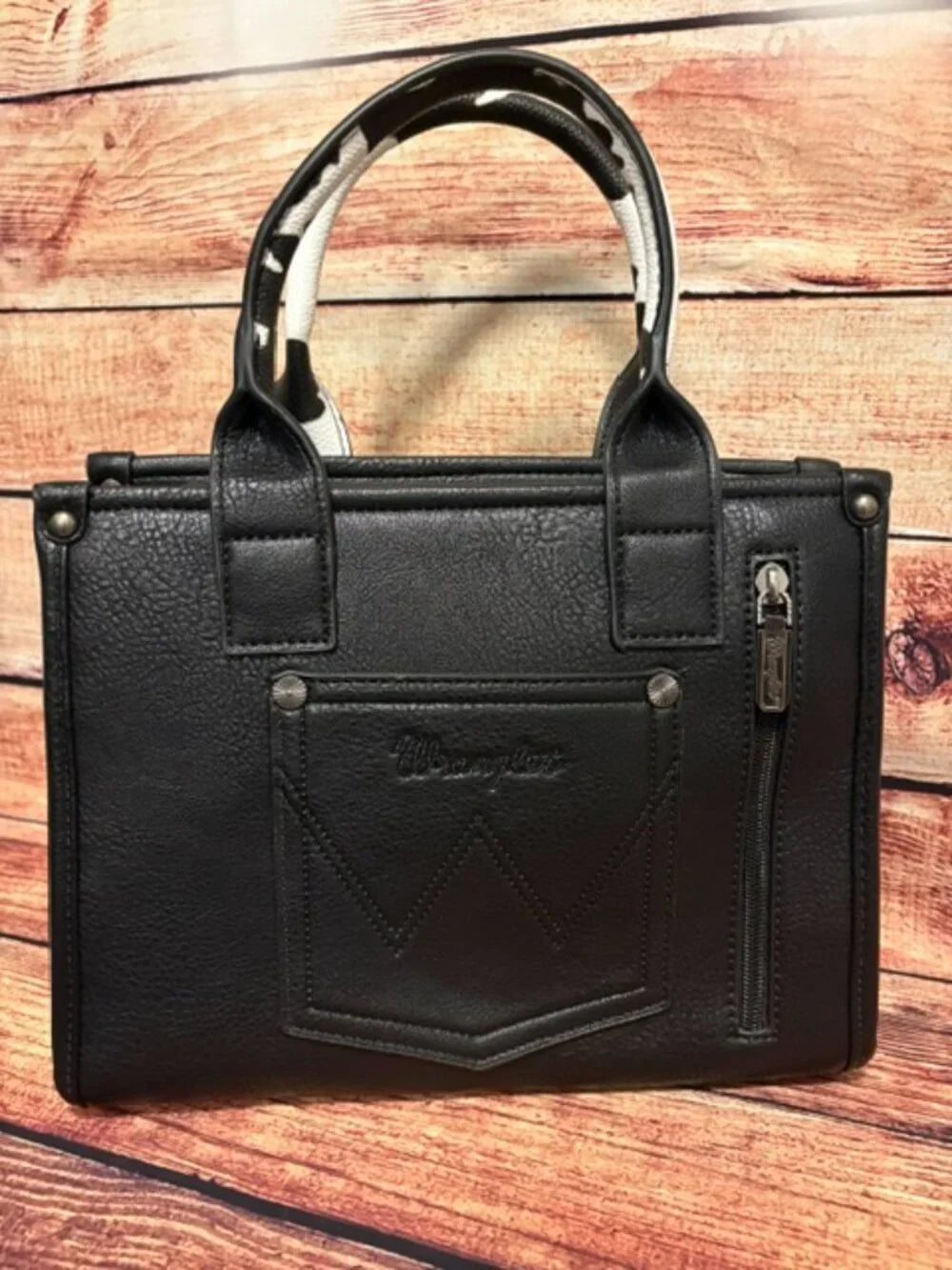 Wrangler Cow Print Cowhide Print Western Satchel Tote Bag W/Strap - Black