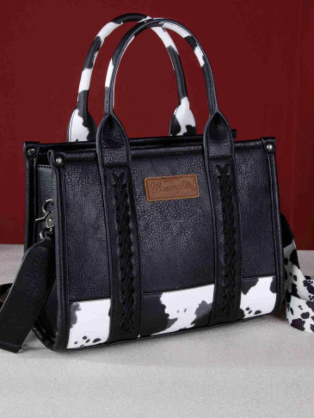 Wrangler Cow Print Cowhide Print Western Satchel Tote Bag W/Strap - Black