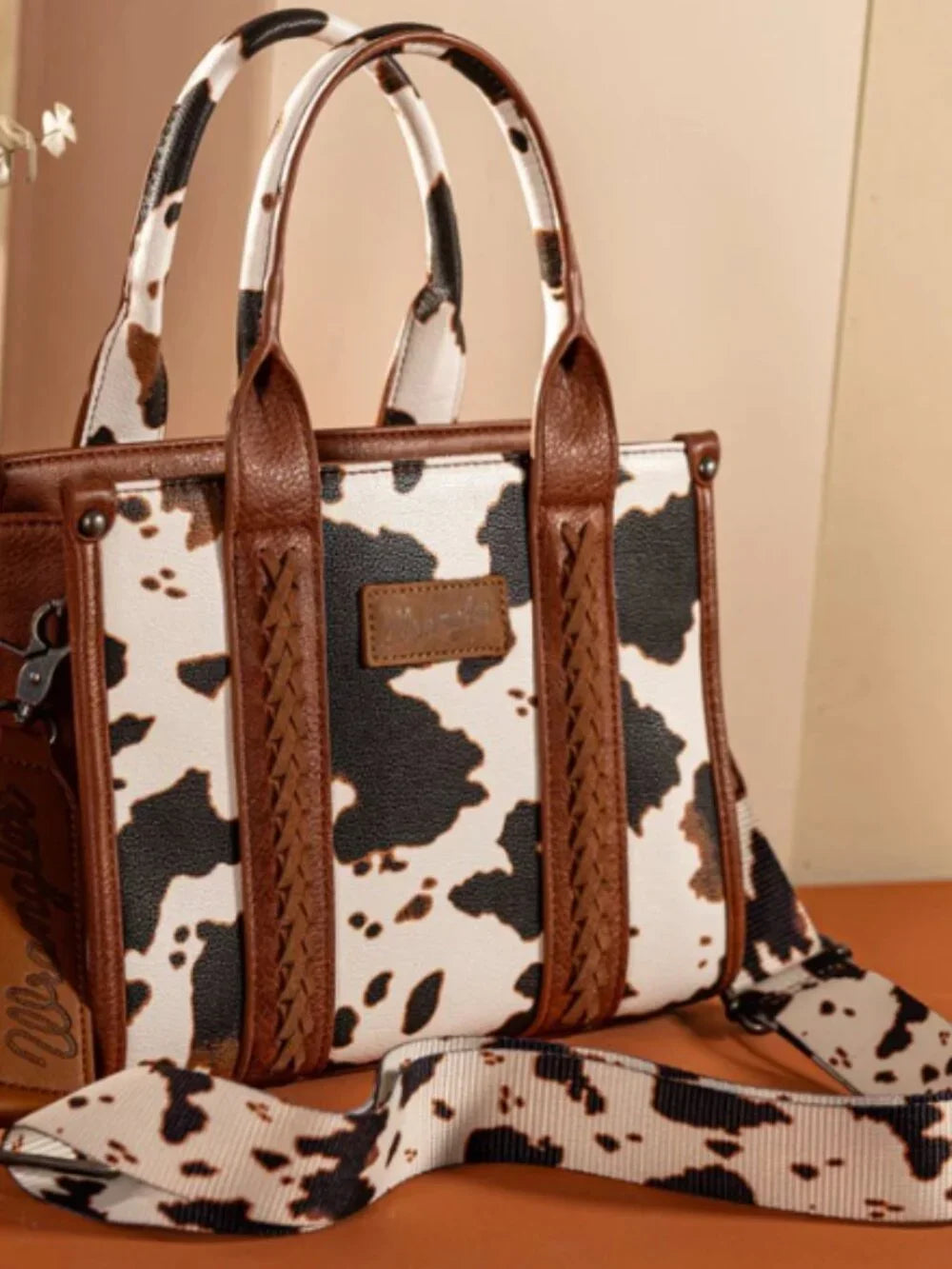 Wrangler Cowhide Print Western Satchel Tote Bag W/Strap - Brown