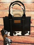 Wrangler Cow Print Cowhide Print Western Satchel Tote Bag W/Strap - Black