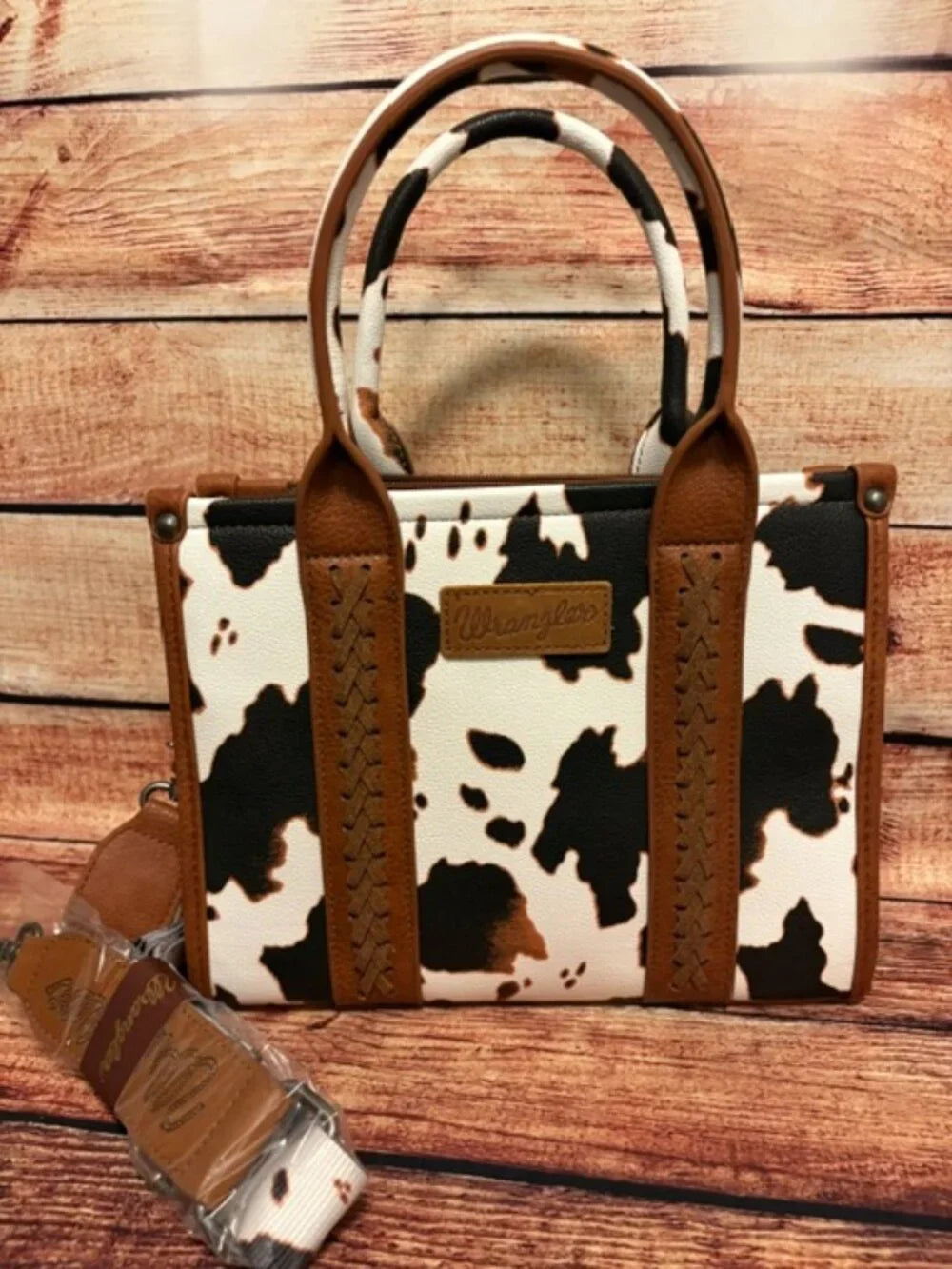 Wrangler Cowhide Print Western Satchel Tote Bag W/Strap - Brown