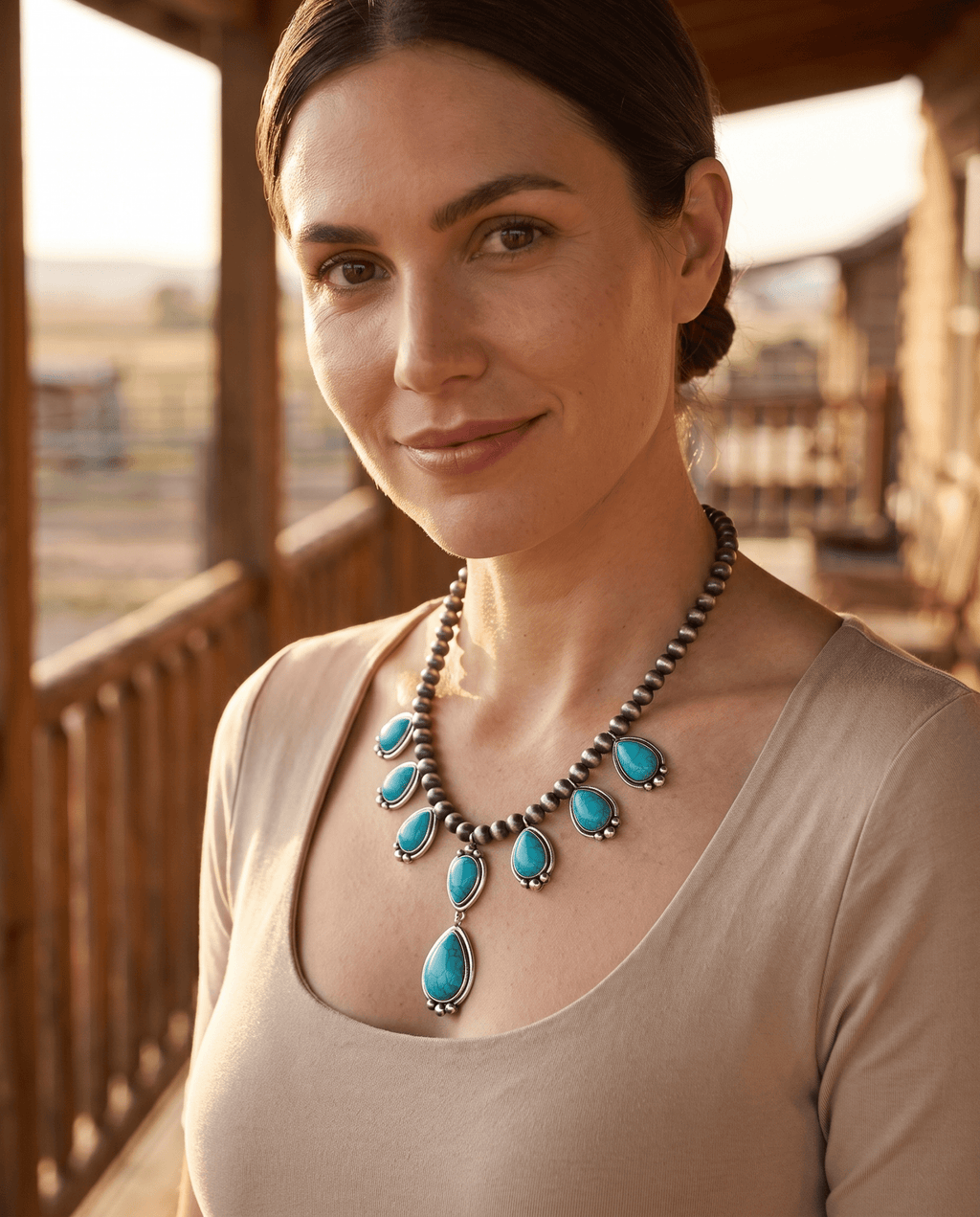 Western Faux Turquoise & Faux Sterling Pearl Necklace 16" + 3" Extender
